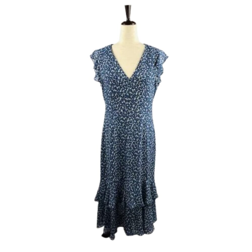 NWT Womens Size 4 Tommy Hilfiger Blue Floral Chiffon Tiered Midi Dress NEW